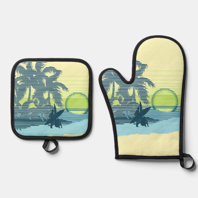 Big Sunset Hawaiian Stripe Surfers - Yellow & Teal Oven Mitt & Pot Holder Set (Front)