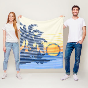 Big Sunset Stripe Hawaiian Surfers Blue Fleece Blanket
