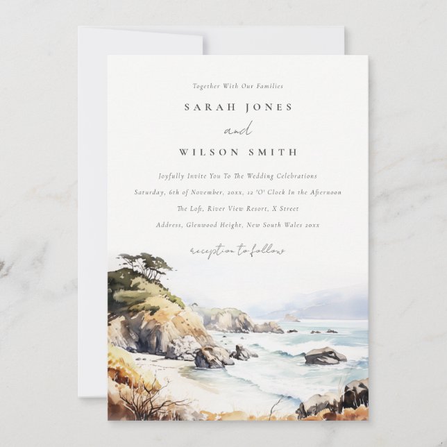 Big Sur, California Watercolor Landscape Wedding Invitation (Front)