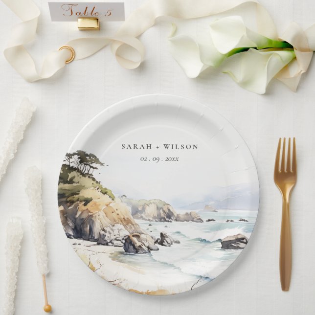 Big Sur, California Watercolor Landscape Wedding Paper Plate (Wedding)