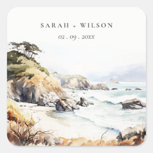 Big Sur, California Watercolor Landscape Wedding Square Sticker