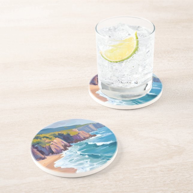 Big Sur, California Watercolor Ocean Painting Coaster (Side)