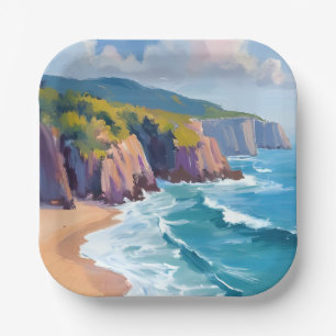 Big Sur, California Watercolor Ocean Painting Paper Plate