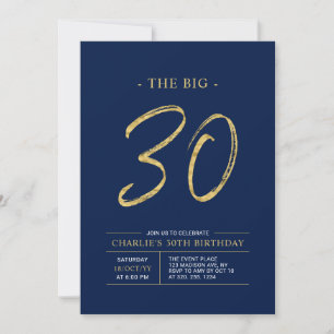 Big Thirty   Gold & Navy Blue 30th Birthday Party Invitation