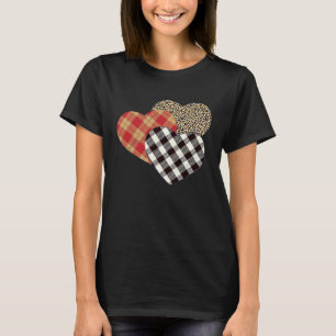 Big Three Hearts Leopard Buffalo Plaid Valentine' T-Shirt