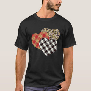 Big Three Hearts Leopard Buffalo Plaid Valentine' T-Shirt