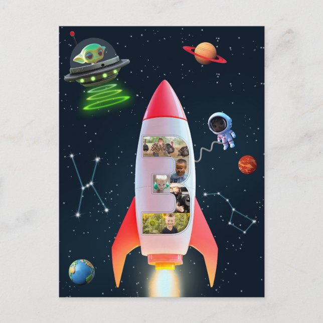 Big Three with Photos | 3rd Birthday Rocket Space Postcard (Front)