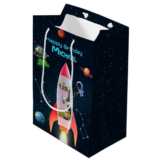 Big Three with Photos | Space Rocket 3rd Birthday Medium Gift Bag (Front Angled)