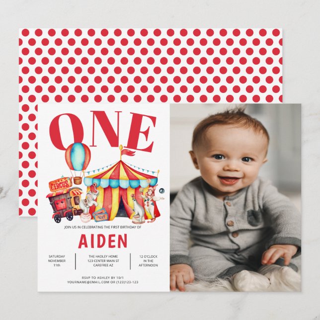 Big Top Circus Carnival 1st Photo Birthday Invitation (Front/Back)