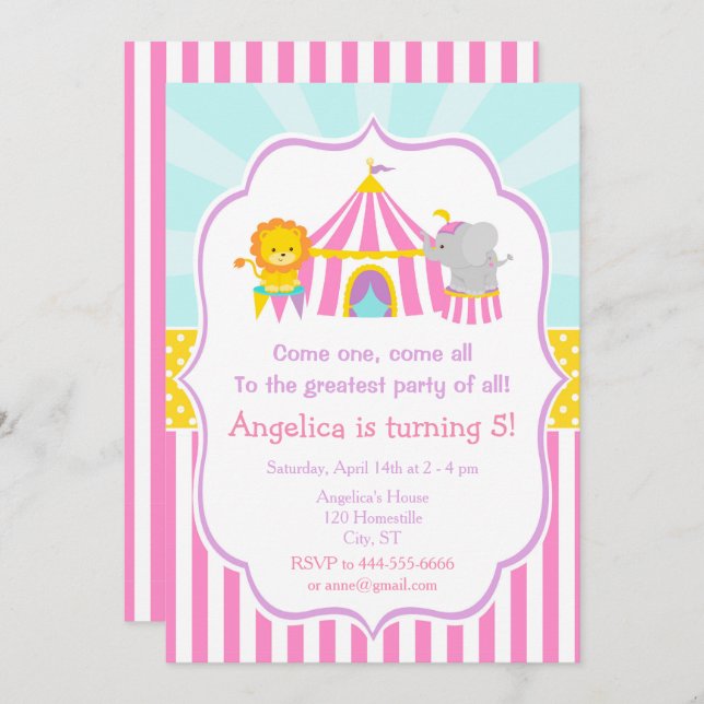 Big Top Circus Carnival Birthday in Pink Invitation (Front/Back)