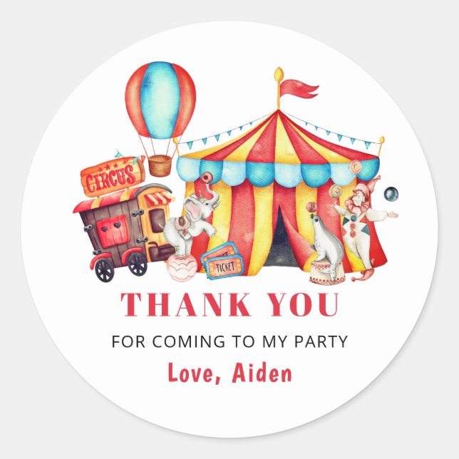 Big Top Circus Carnival Birthday Thank You Classic Round Sticker (Front)