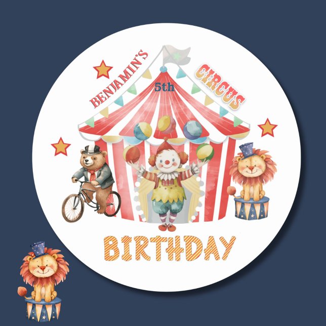 Big Top Circus Carnival Fifth Birthday  Classic Round Sticker (Creator Uploaded)