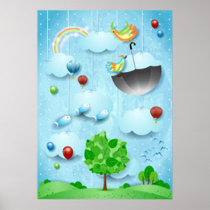Big tree and flying birds poster