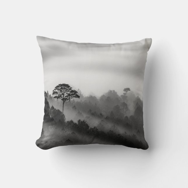 Big Tree in Pine Forest in the Mist Throw Pillow (Front)
