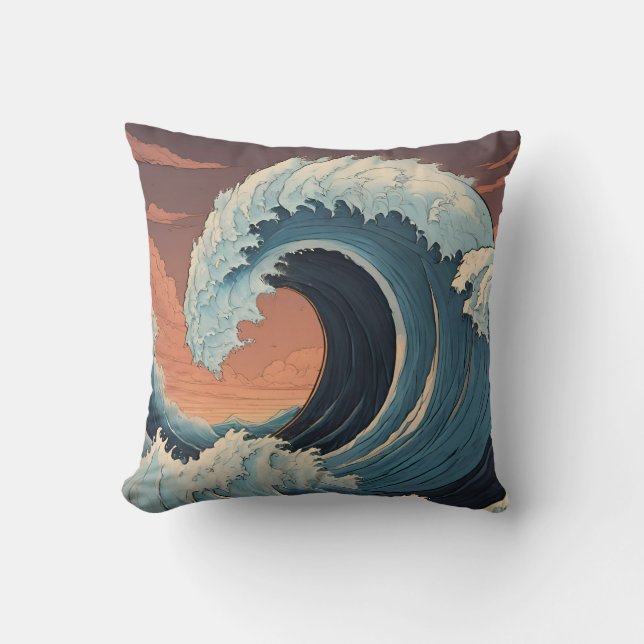 Big Tsunami Wave Throw Pillow (Front)