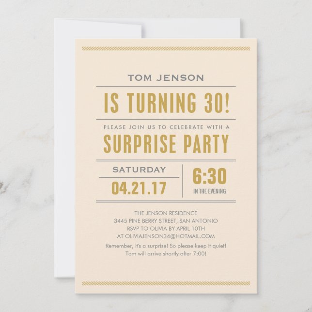 Big Type 30th Birthday Surprise Party Invitations (Front)