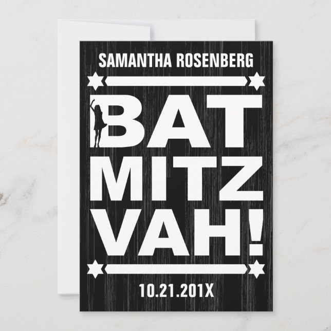Big Type Bat Mitzvah Invitation in Black (Front)
