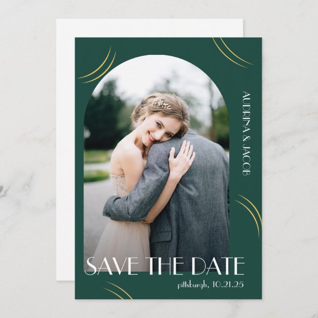 Big Typography Emerald Green Photo Wedding Save The Date (Front/Back)