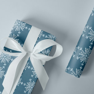 Big Watercolor Light Grey Snowflakes on Blue Wrapping Paper