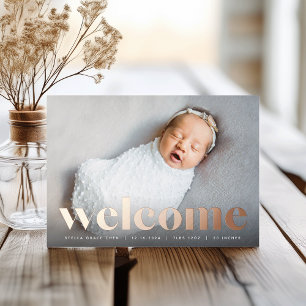 Big Welcome   Rose Gold Foil Birth Announcement