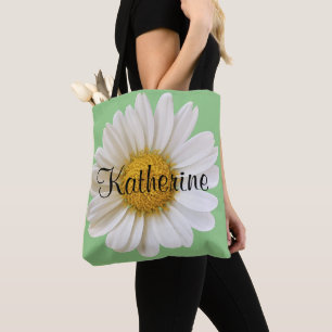 Big White Daisy Flower Personalized Name Tote Bag