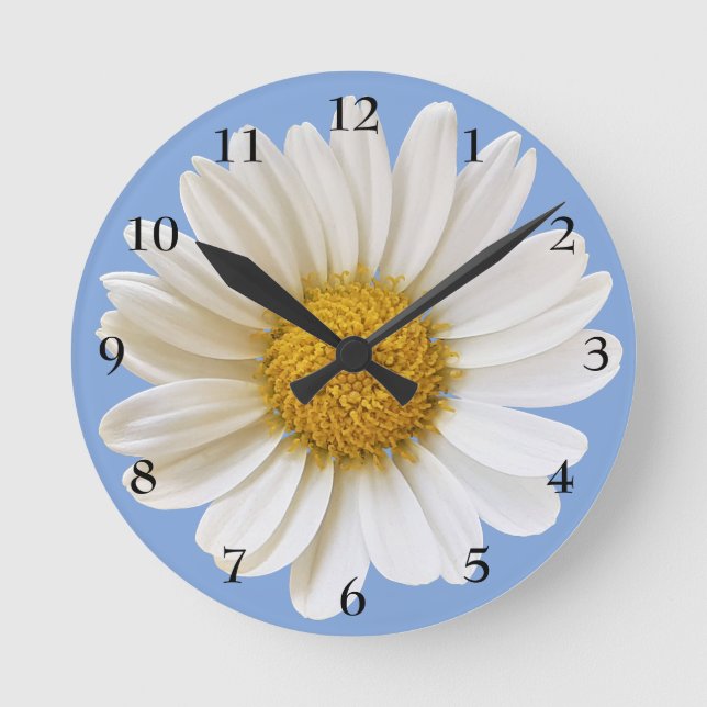 Big White Daisy on Light Blue Round Clock (Front)