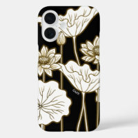 Big White Flowers on Black with Khaki Trim