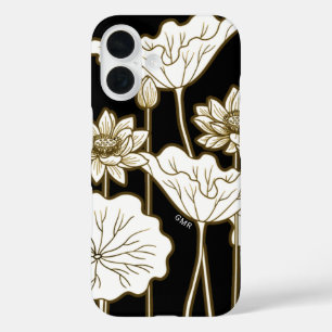 Big White Flowers on Black with Khaki Trim iPhone 16 Case