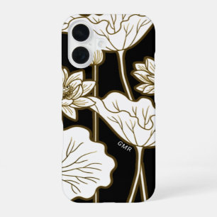 Big White Flowers on Black with Khaki Trim iPhone 16 Case
