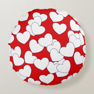Big White Hearts On Striking Red  Round Pillow