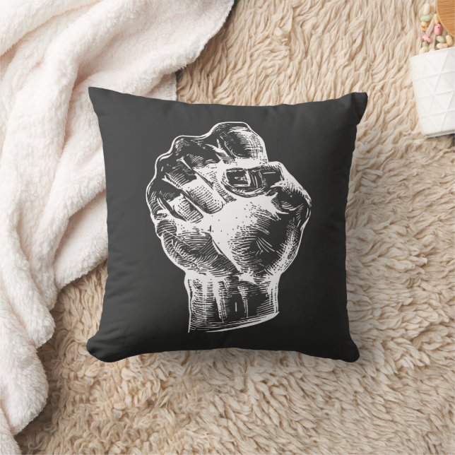 Big White Linocut-style Fist Illustration Throw Pillow (Blanket)