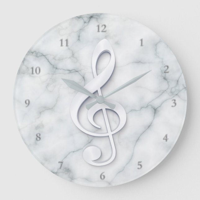 big white music clef design on marble large clock (Front)