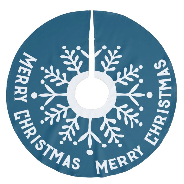 Big White Snowflake, Merry Christmas White on Blue Brushed Polyester Tree Skirt (Front)