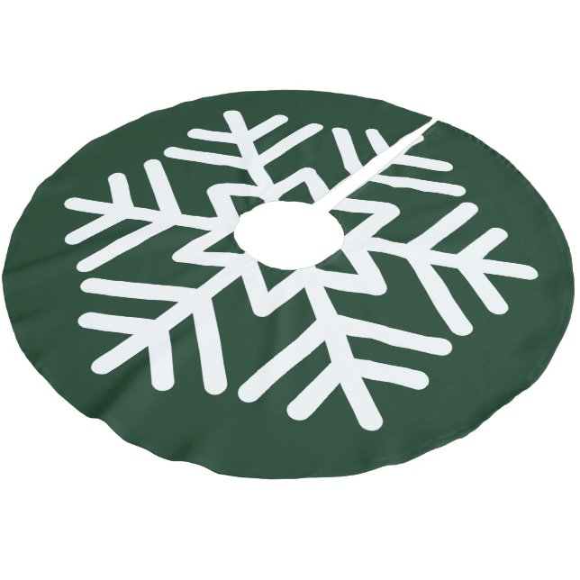 Big White Snowflake on Forest Green Brushed Polyester Tree Skirt (Angled)
