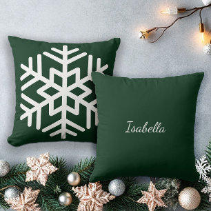 Big White Snowflake on Forest Green Monogram Throw Pillow