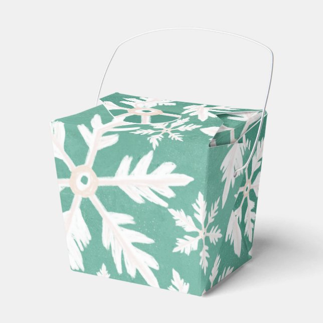 Big White Snowflakes Falling Green Background Favor Box (Front Side)