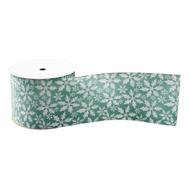Big White Snowflakes Falling Green Background Grosgrain Ribbon (Spool)