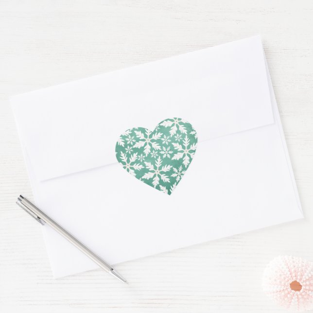 Big White Snowflakes Falling Green Background Heart Sticker (Envelope)