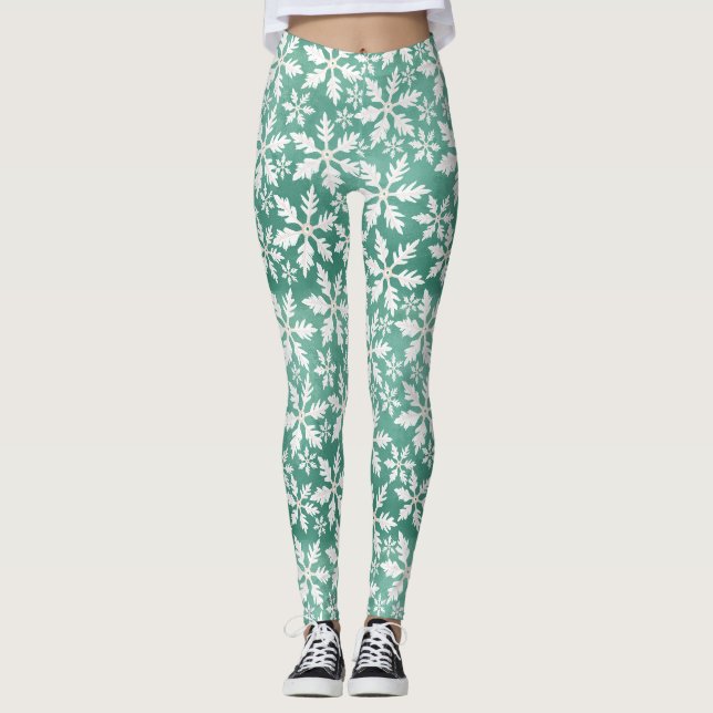 Big White Snowflakes Falling Green Background Leggings (Front)