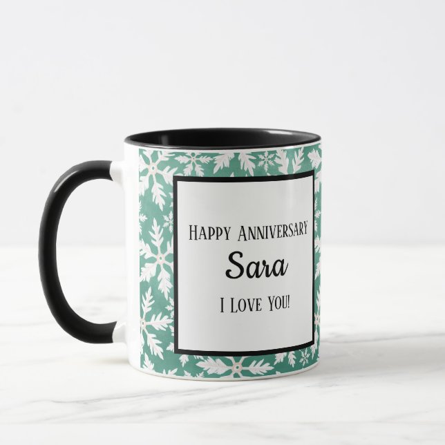 Big White Snowflakes Falling Green Background Mug (Left)