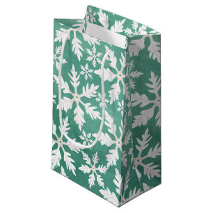 Big White Snowflakes Falling Green Background Small Gift Bag