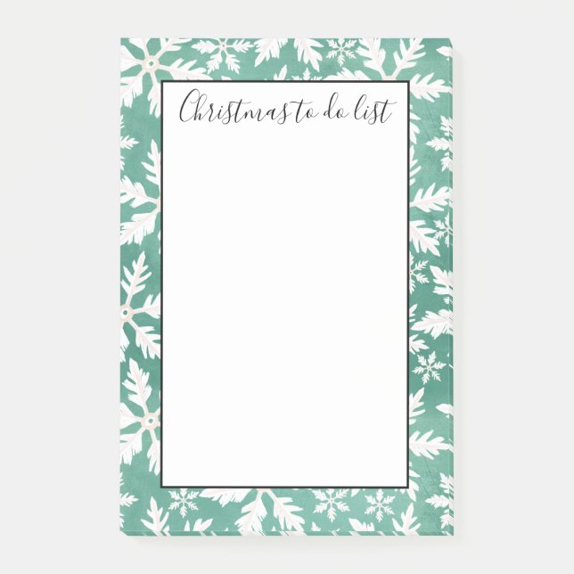 Big White Snowflakes Falling Green Xmas To Do List Post-it Notes (Front)