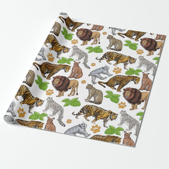 Big Wild Cats collage pattern design Wrapping Paper (Unrolled)