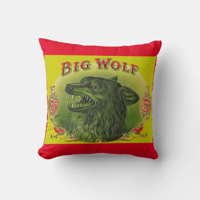 Big Wolf cigar label print Throw Pillow (Front)