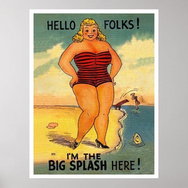 Big woman on the beach, funny vintage poster (Front)