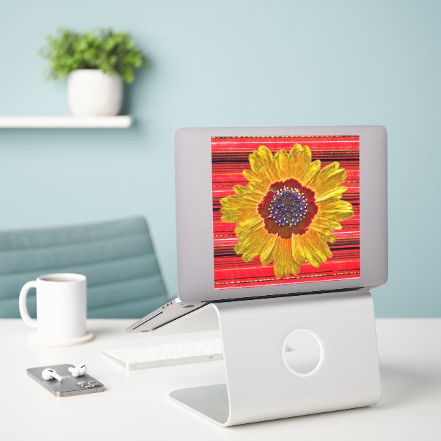 Big Yellow Flower on Red Stripes Sticker (Laptop On Desk)