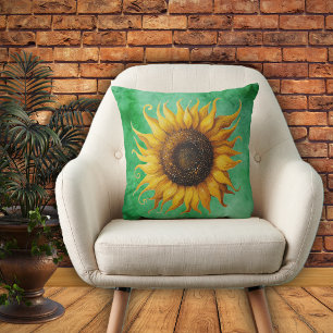 Big Yellow Sunflower Ornate Petals Shades of Green Throw Pillow