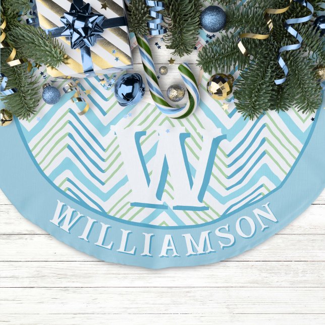 Big Zag Chevron in Green + Aqua Personalized Faux Linen Tree Skirt (Creator Uploaded)
