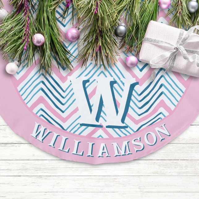 Big Zag Chevron in Pink + Aqua Personalized Faux Linen Tree Skirt (Creator Uploaded)
