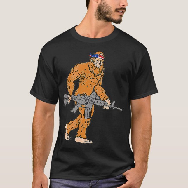 Bigfoot 2nd Amendment Right to Bear Arms Gun & USA T-Shirt (Front)